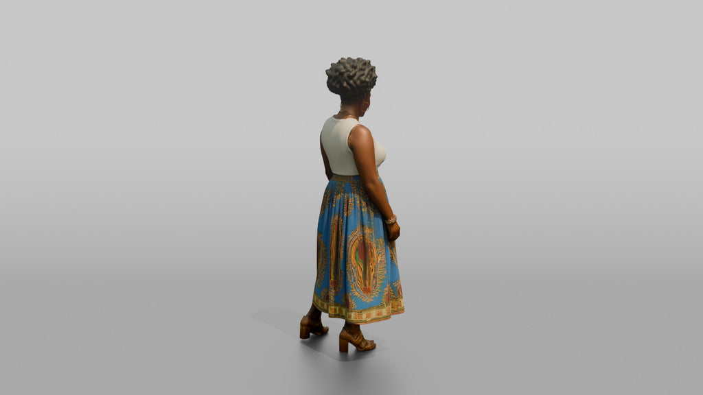 African Woman in Dashiki Print Skirt and White Top
