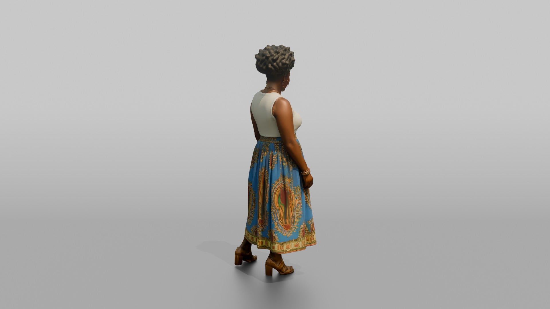 African Woman in Dashiki Print Skirt and White Top