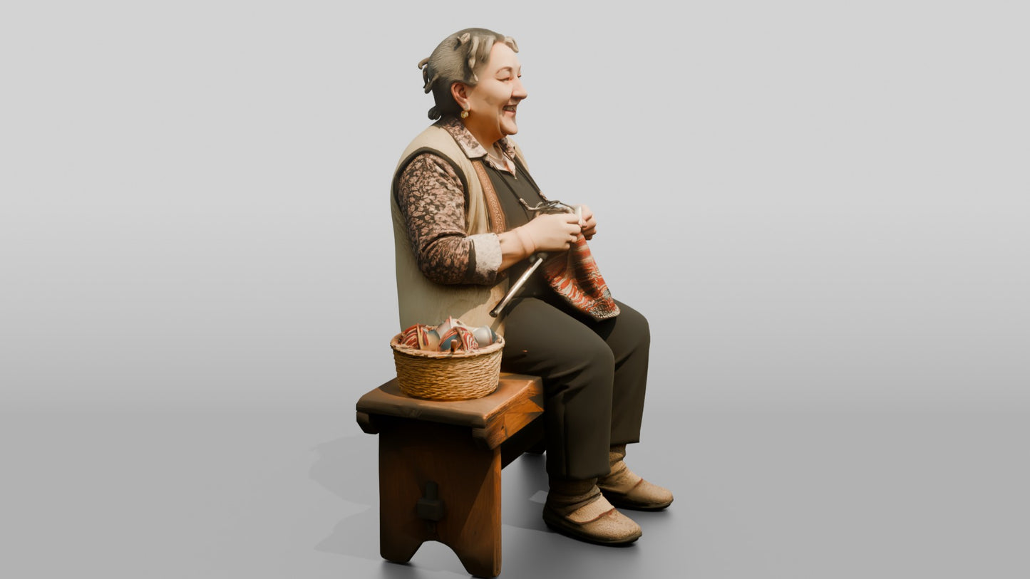 Elderly Woman Knitting on Bench