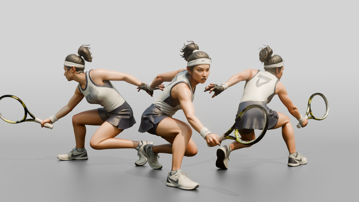 Female Tennis Player Crouched with Racket Extended
