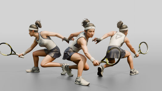 Female Tennis Player Crouched with Racket Extended