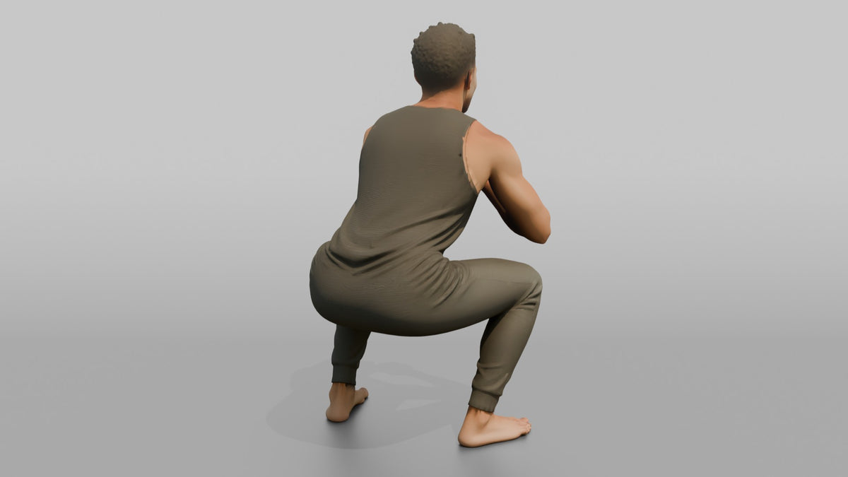 Fitness Influencer Man Doing A Bodyweight Squat With Hands Clasped - 3D character model, view 3