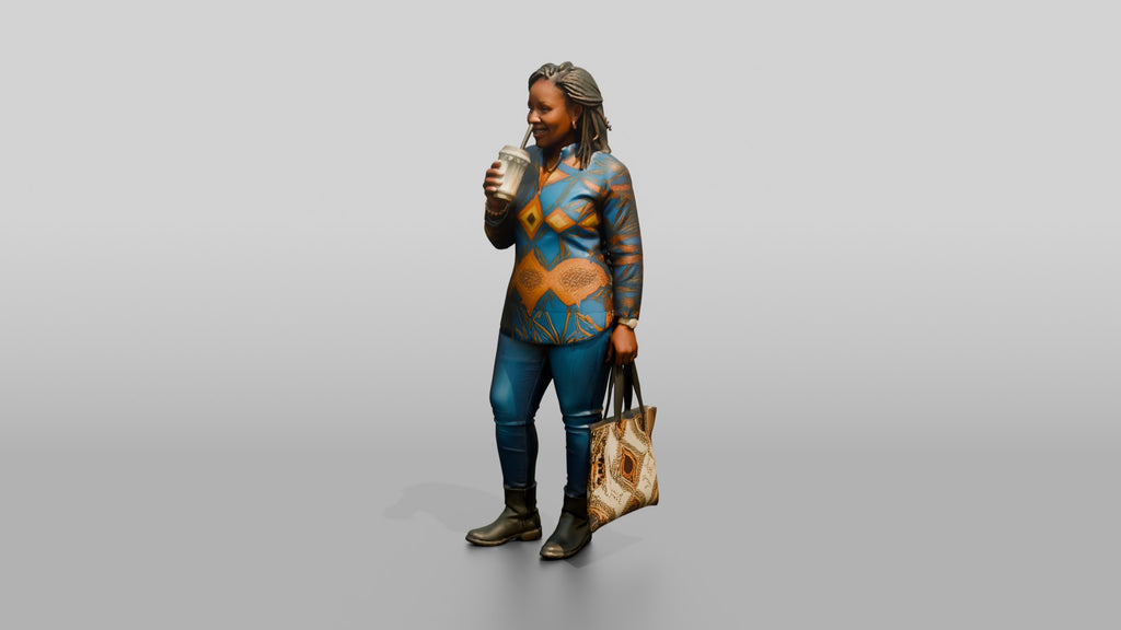 Curvy African Woman Drinking Iced Coffee in a Print Tunic
