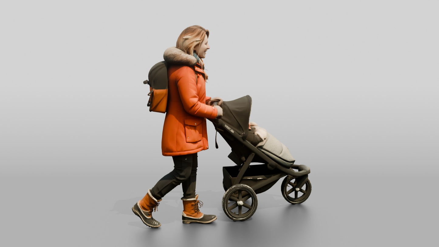 Norwegian Mother Pushing Stroller in Snow