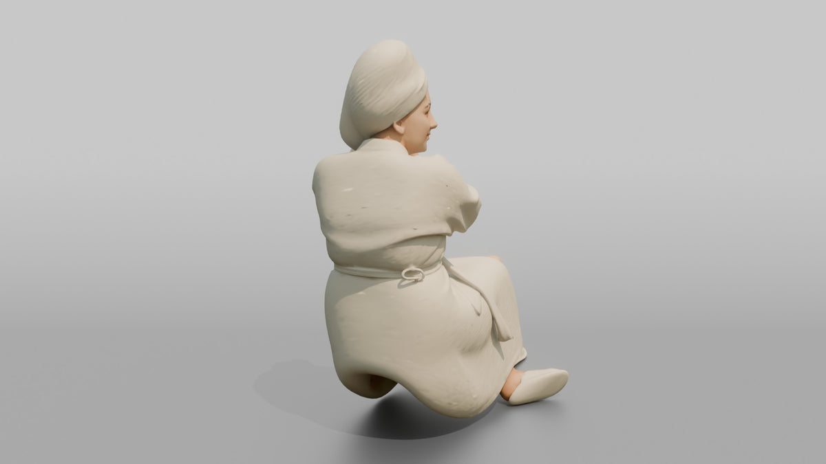 Spa Client Woman Sitting In A Robe, Adjusting A Hair Towel - 3D character model, view 3