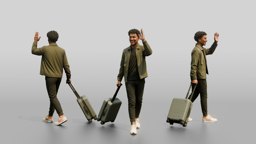 Young Black Man Waving and Smiling Pulling Rolling Suitcase