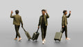 Young Black Man Waving and Smiling Pulling Rolling Suitcase