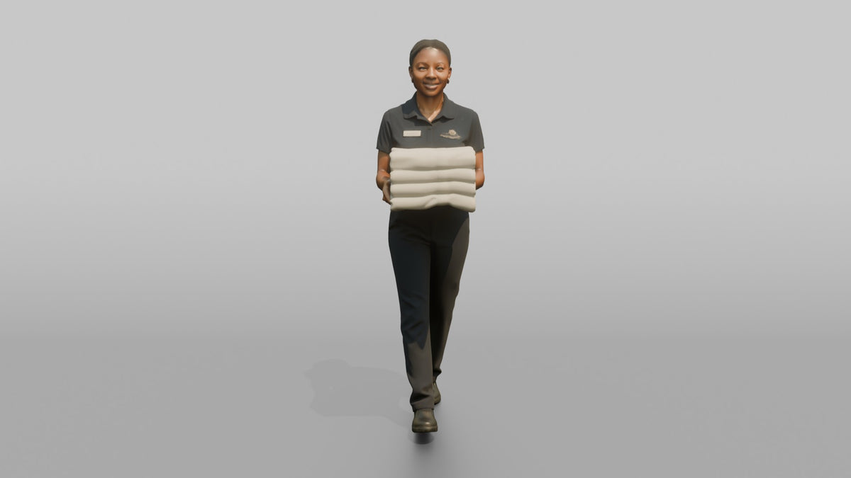 Housekeeping Staff Man Carrying A Stack Of Folded Towels - 3D character model, view 5