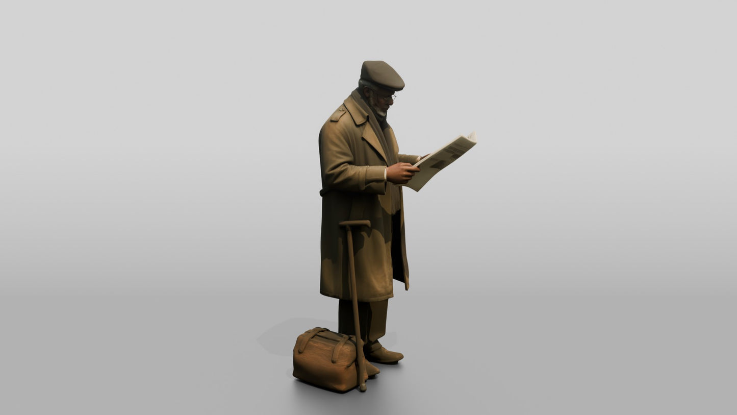 Elderly Black Man Reading Newspaper at Bus Stop