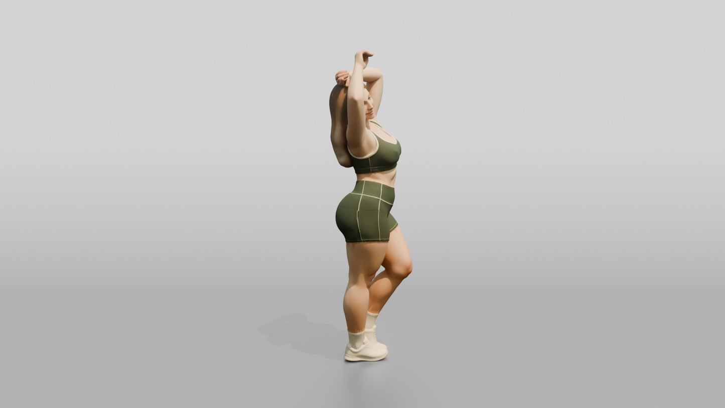 Curvy Woman in Olive Activewear Stretching Overhead