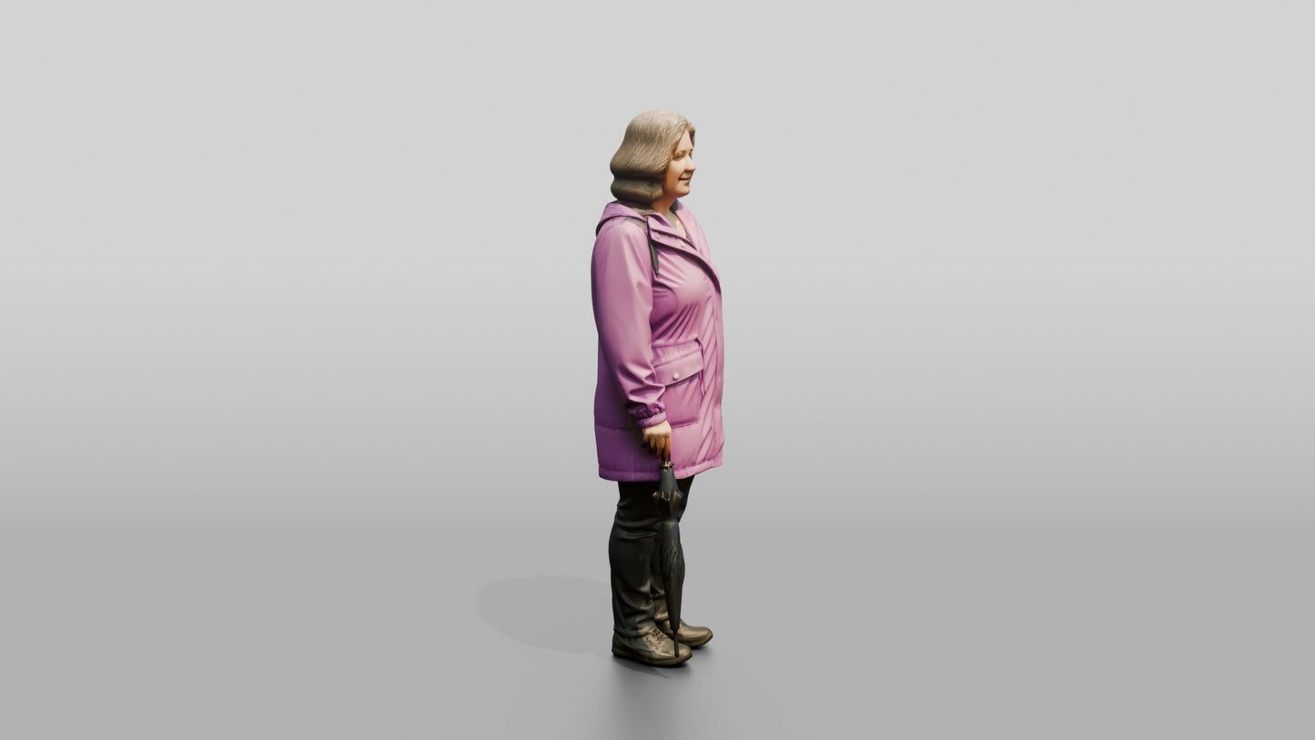 White Woman Waiting at a Crosswalk in Purple Raincoat