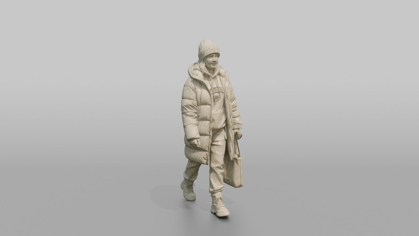 Scandinavian Woman Walking in an Oversized Puffer Coat
