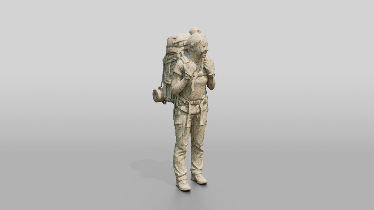 Young Woman Hiker with Large Teal Trekking Backpack Smiling - wireframe topology preview