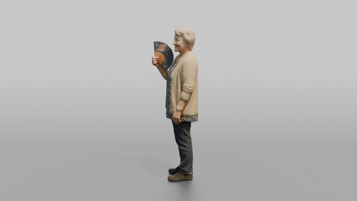 Grandmother Holding A Fan, Gently Fanning Herself - 3D character model, view 5