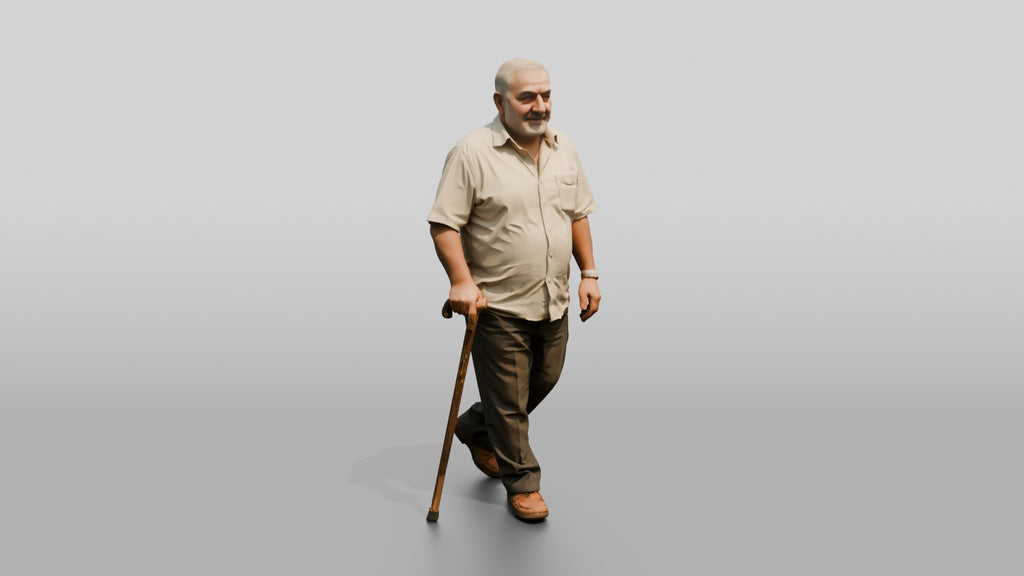 Elderly Stocky Syrian Man Walking with a Cane