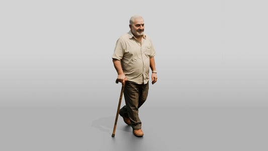 Elderly Stocky Syrian Man Walking with a Cane - 3D character model, view 1