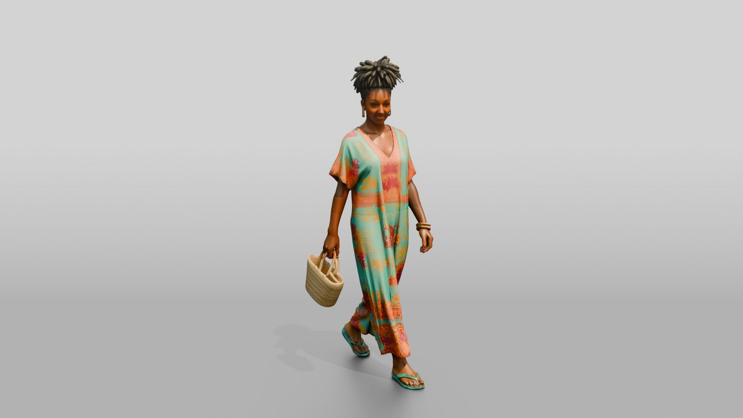 Afro-Latina Woman with Woven Shopping Bag