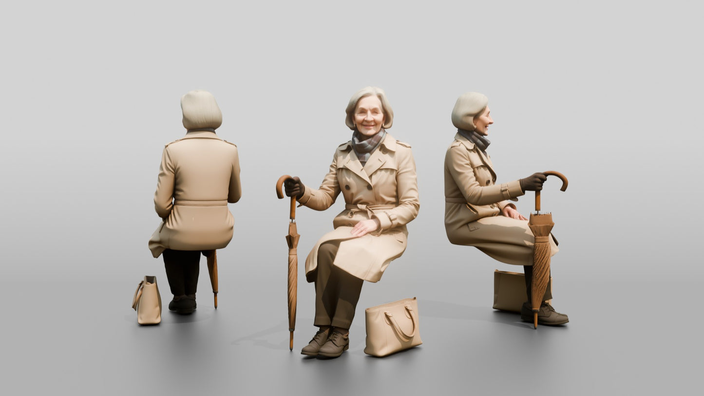 Elderly White Woman in Beige Raincoat on Bench