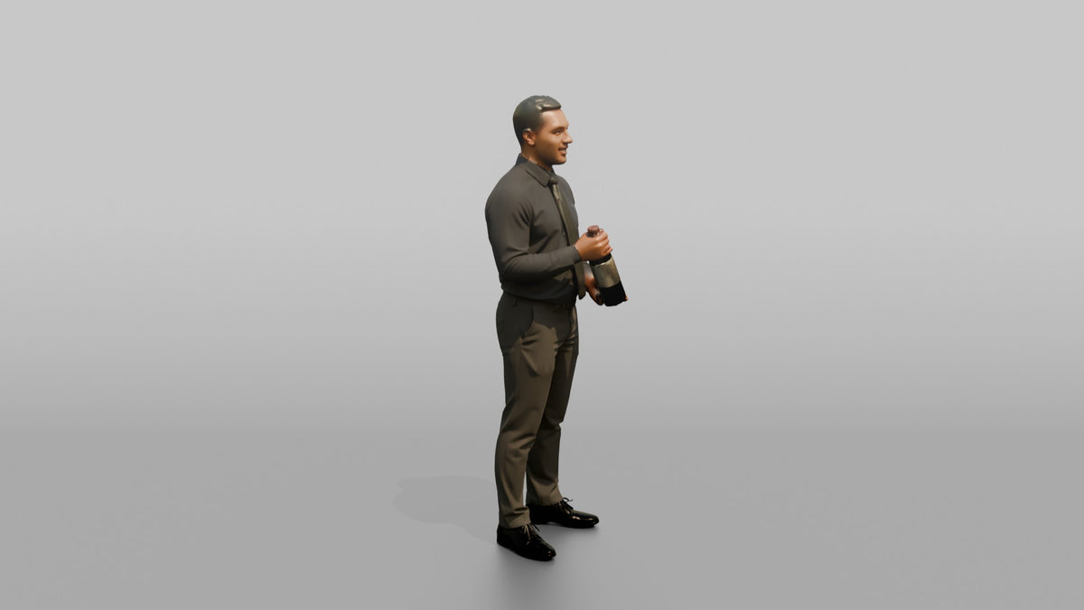 Server Man Presenting A Wine Bottle For Inspection - 3D character model, view 2
