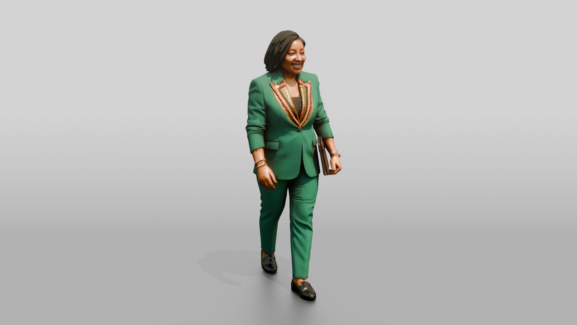 Plus-Size Woman in Emerald Green Pantsuit Carrying a Tablet Case