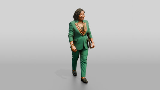 Plus-Size Woman in Emerald Green Pantsuit Carrying a Tablet Case - 3D character model, view 1