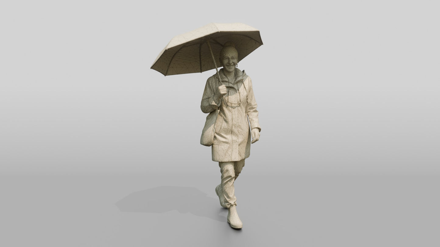 Indian Woman in Patterned Raincoat with Umbrella