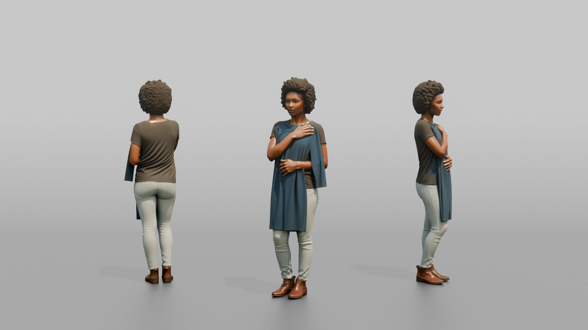 Woman Customer Holding A Dress Against Her Body - 3D character model, view 1