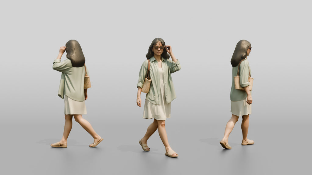 Woman Walking in Sunglasses with Straw Tote