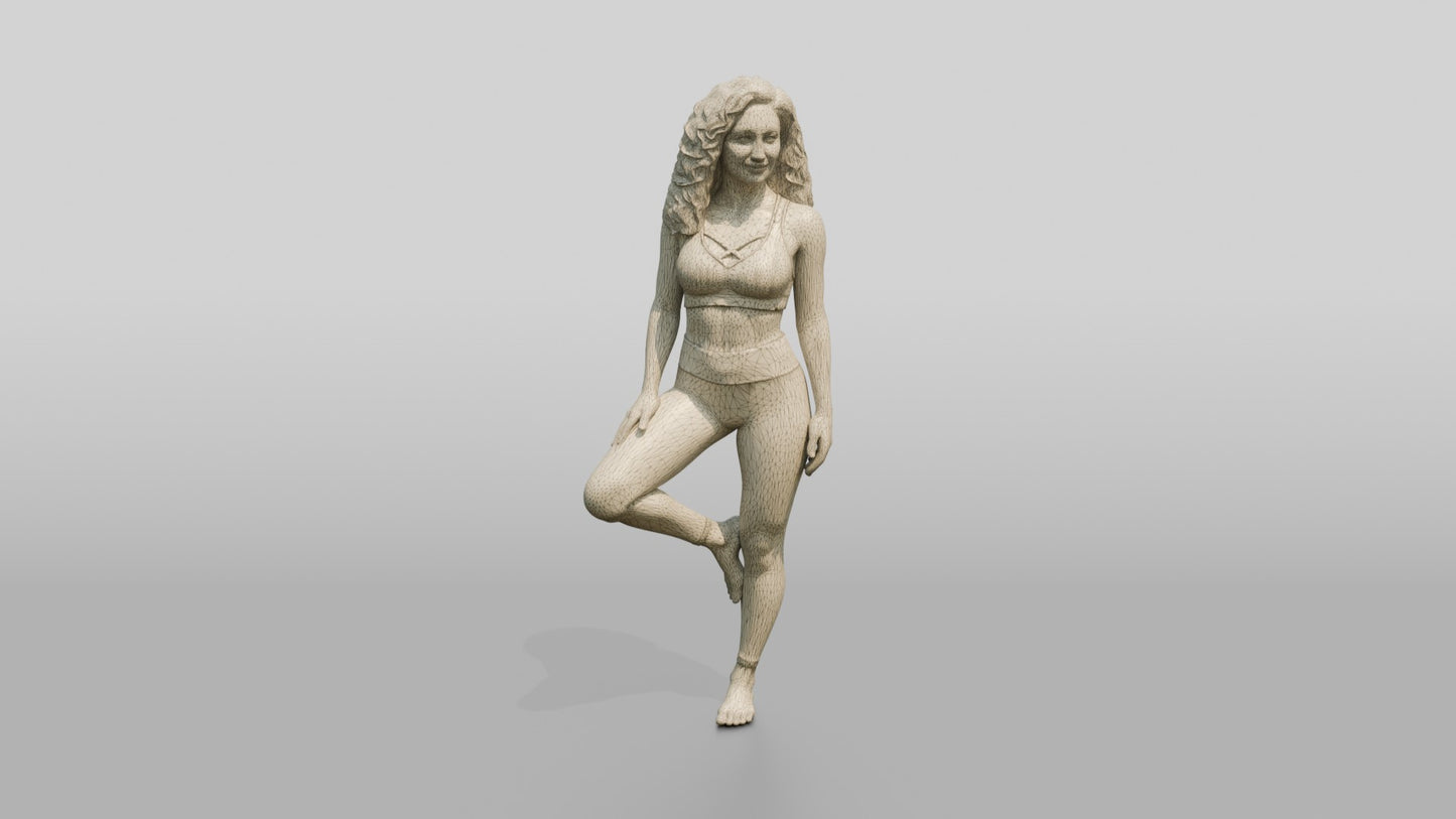 Curly-Haired Woman in Olive Activewear in Tree Pose