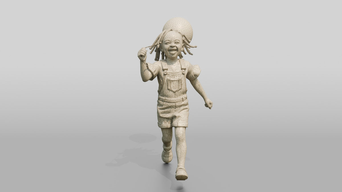 African Girl Running with a Red Balloon - wireframe topology preview