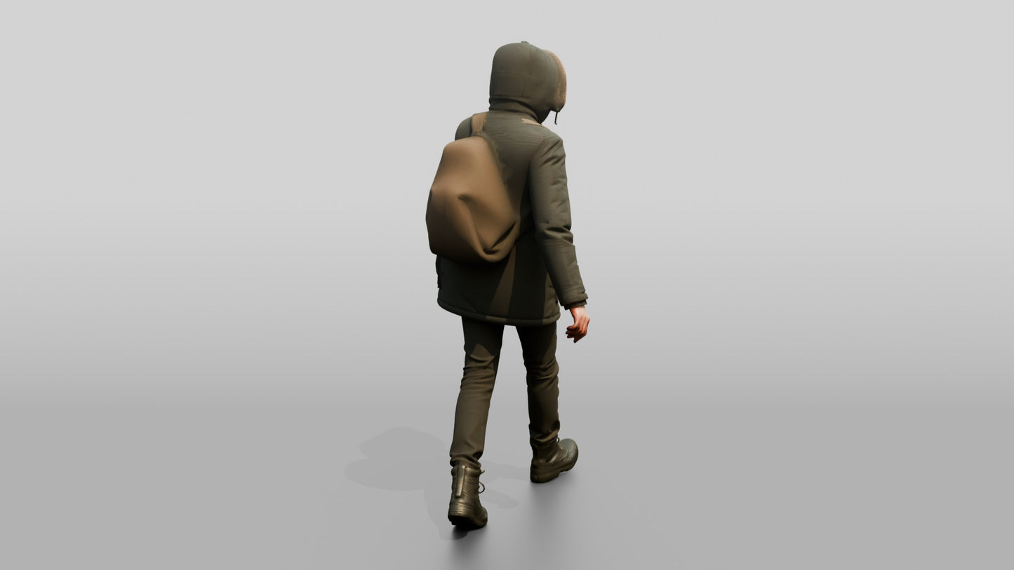 Middle Eastern Man in Grey Parka Walking Against Wind