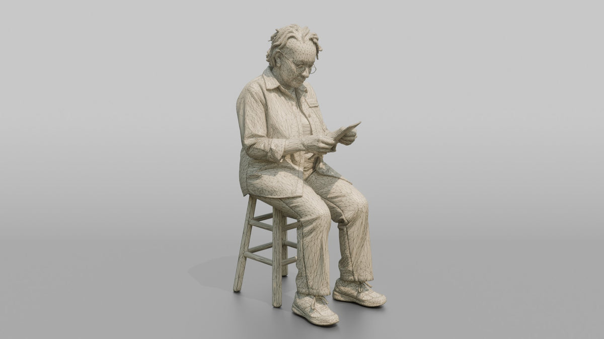 Woman Store Clerk Sitting On A Stool Reading A Receipt - wireframe topology preview