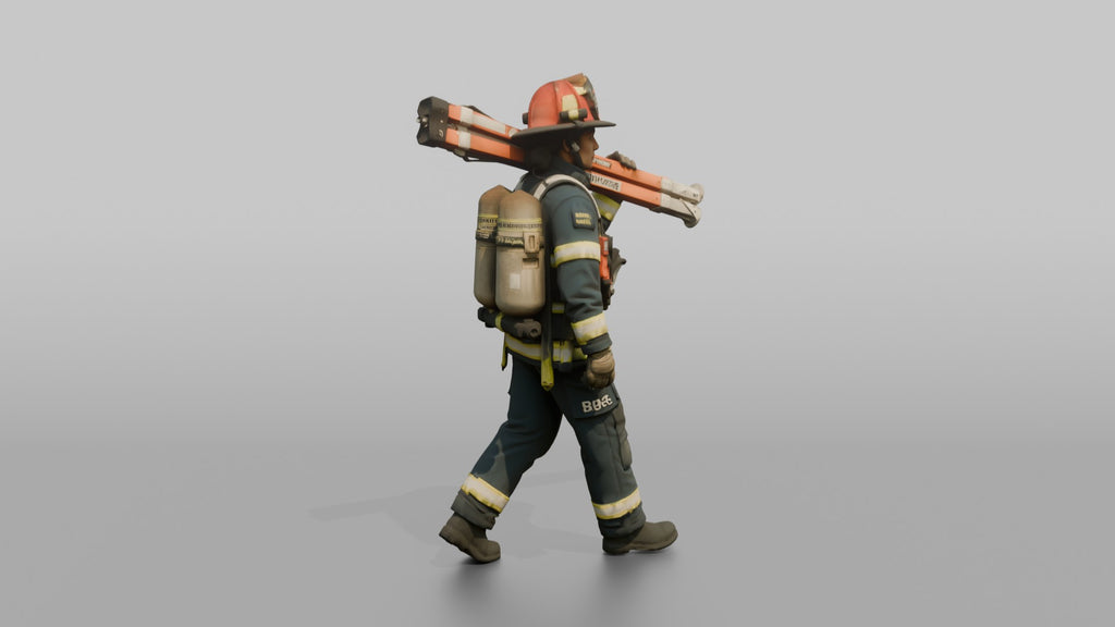 Firefighter Woman Carrying a Rescue Tripod Frame