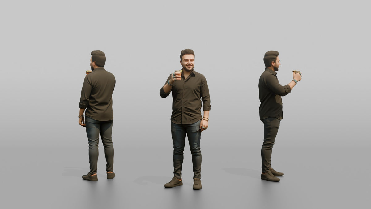 Patron Man Wearing Chunky Colorful Rings, Holding A Drink Up - 3D character model, view 1