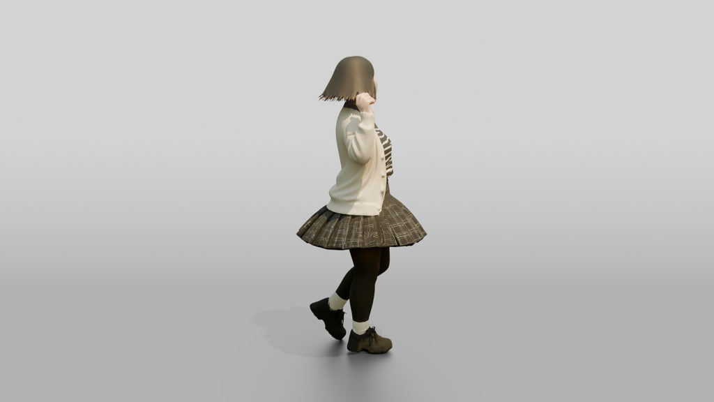 Asian Woman Spinning in Pleated Skirt