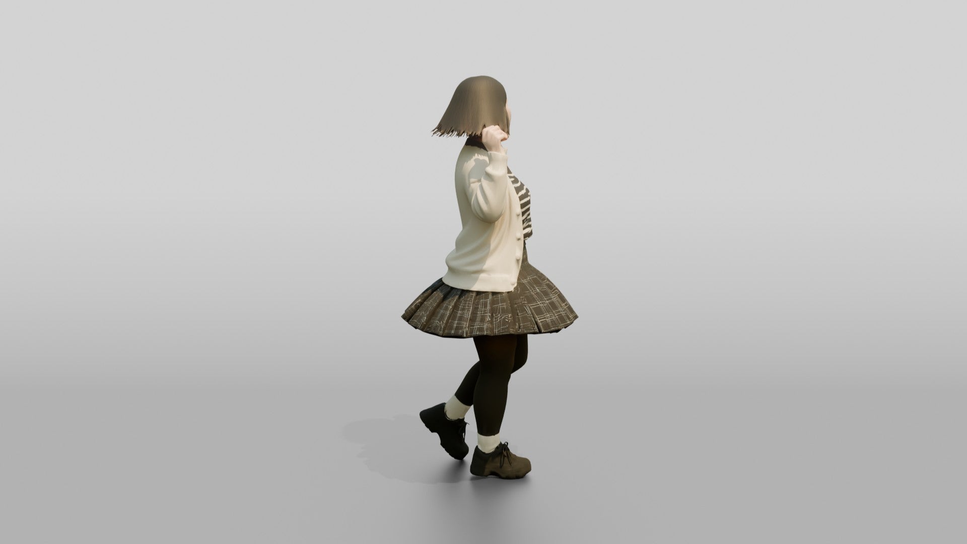 Asian Woman Spinning in Pleated Skirt