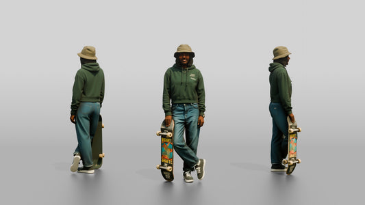 Skater Woman in Bucket Hat with Skateboard