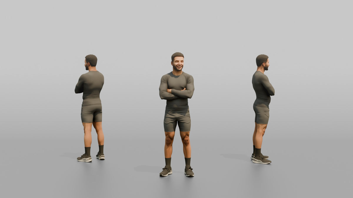 Fitness Influencer Man Standing With Arms Crossed, Confident Smile - 3D character model, view 1