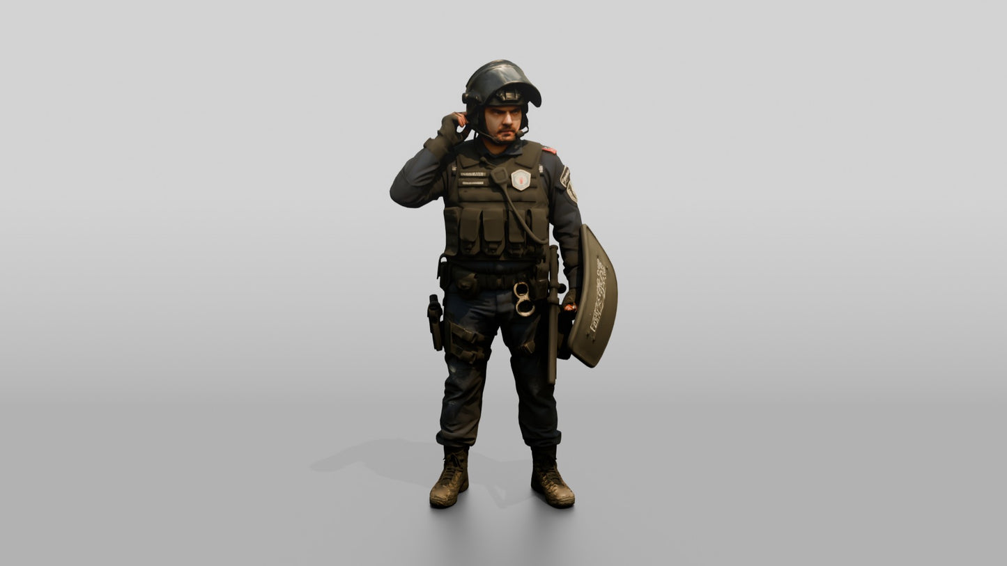 Riot Police Officer Adjusting Helmet