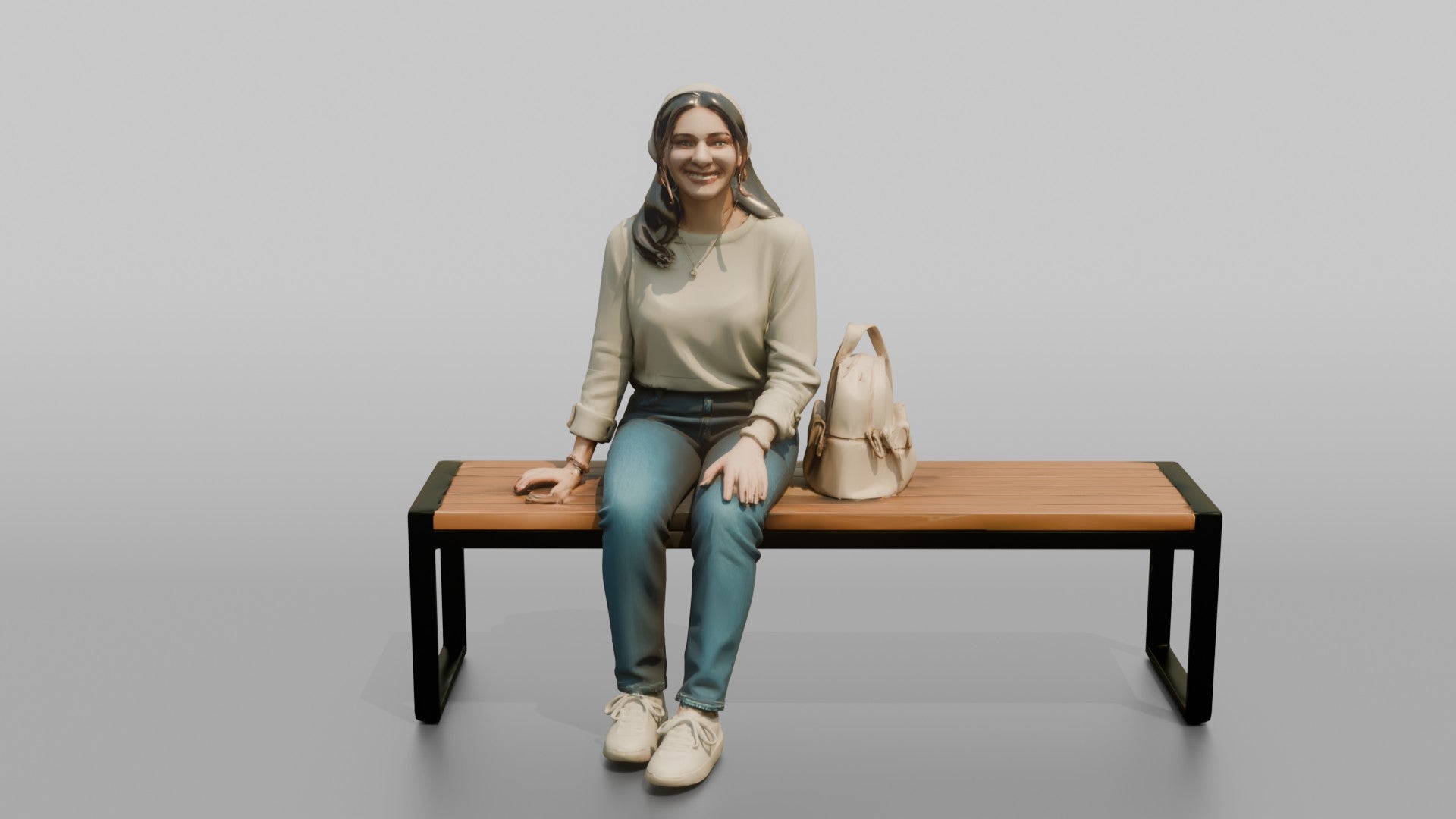 Young Woman Sitting on Bench with Backpack