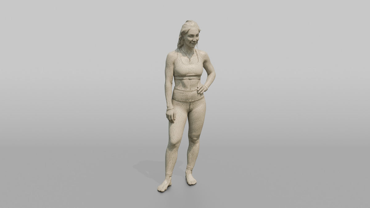 Fitness Influencer Woman Standing With One Hand On Hip, Subtle Smile - wireframe topology preview