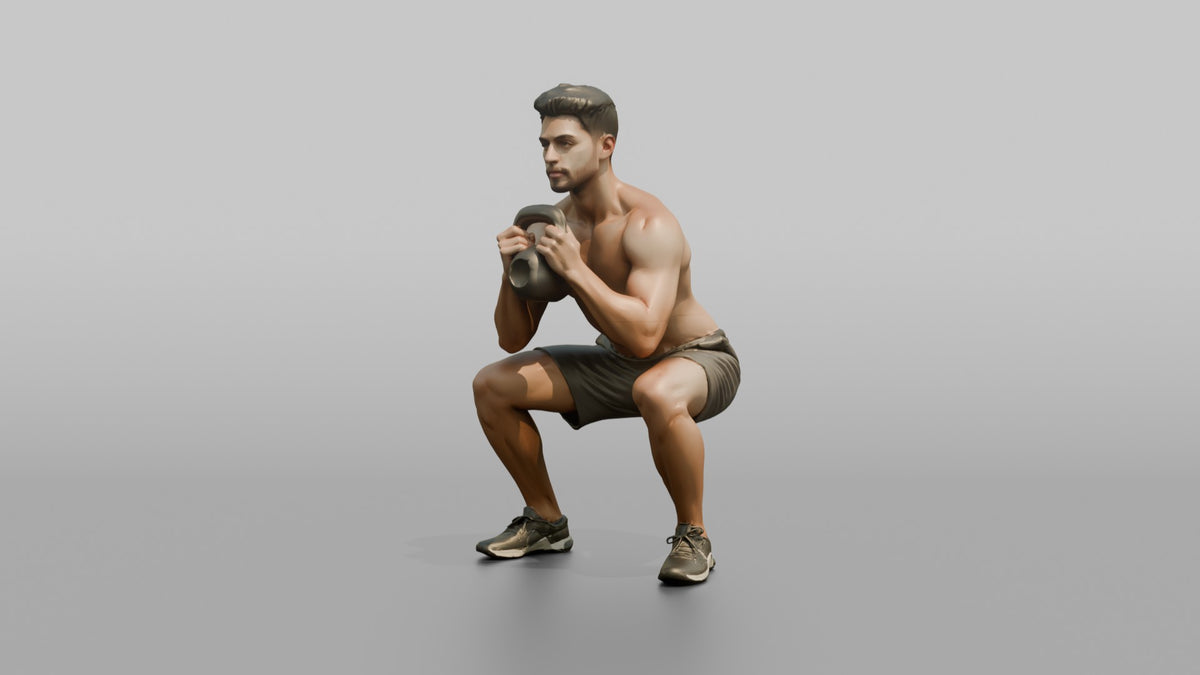 Weightlifter Man Holding A Kettlebell In A Goblet Squat Position - 3D character model, view 4