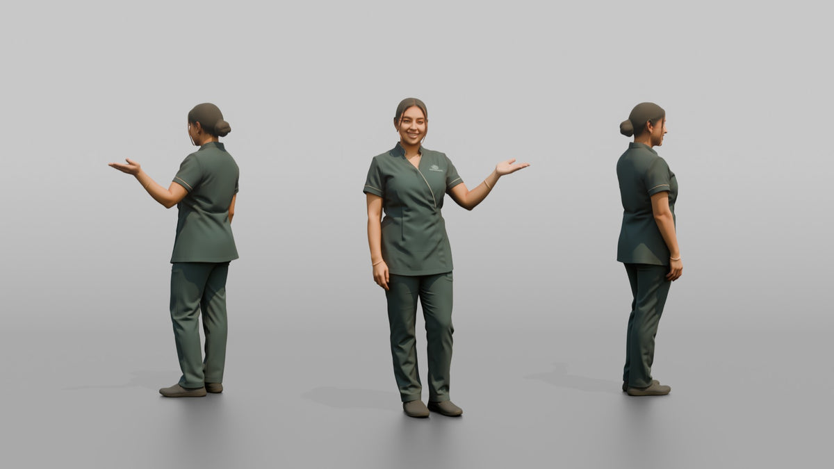 Spa Attendant Woman Gesturing Toward A Sauna Door - 3D character model, view 1