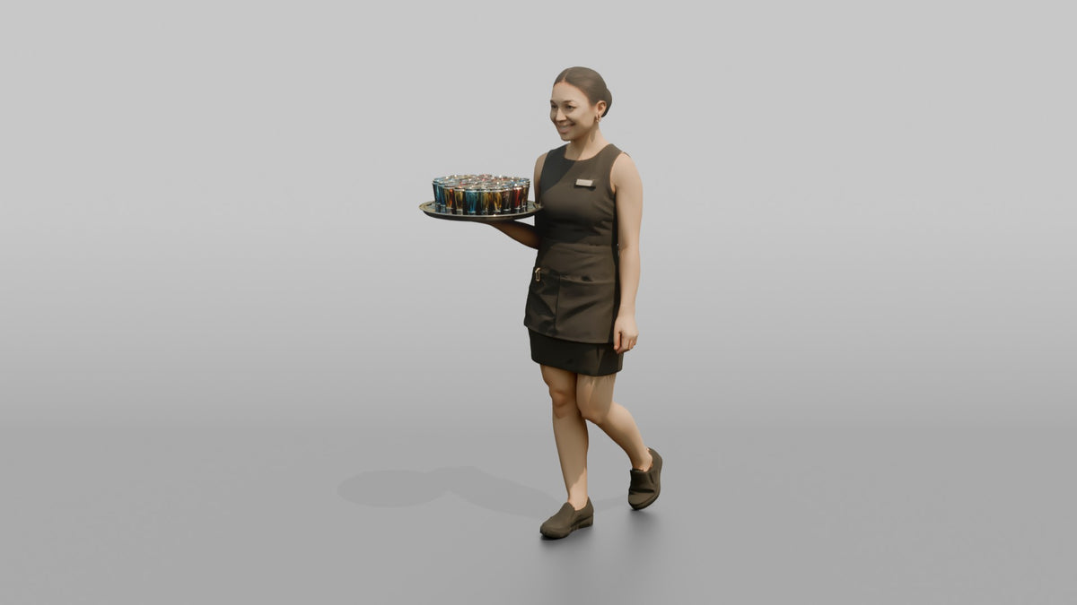 Cocktail Server Woman Carrying A Tray Of Colorful Shots - 3D character model, view 4