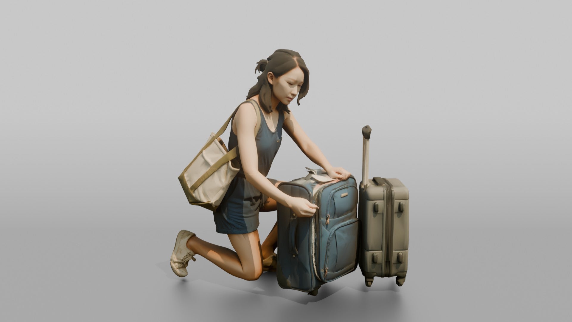 Traveler Kneeling To Zip Her Suitcase