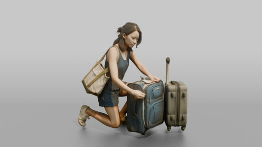 Traveler Kneeling To Zip Her Suitcase - 3D character model, view 1