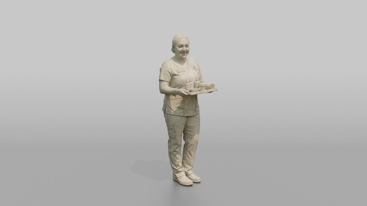 Esthetician Man Holding A Small Tray Of Skincare Products - wireframe topology preview