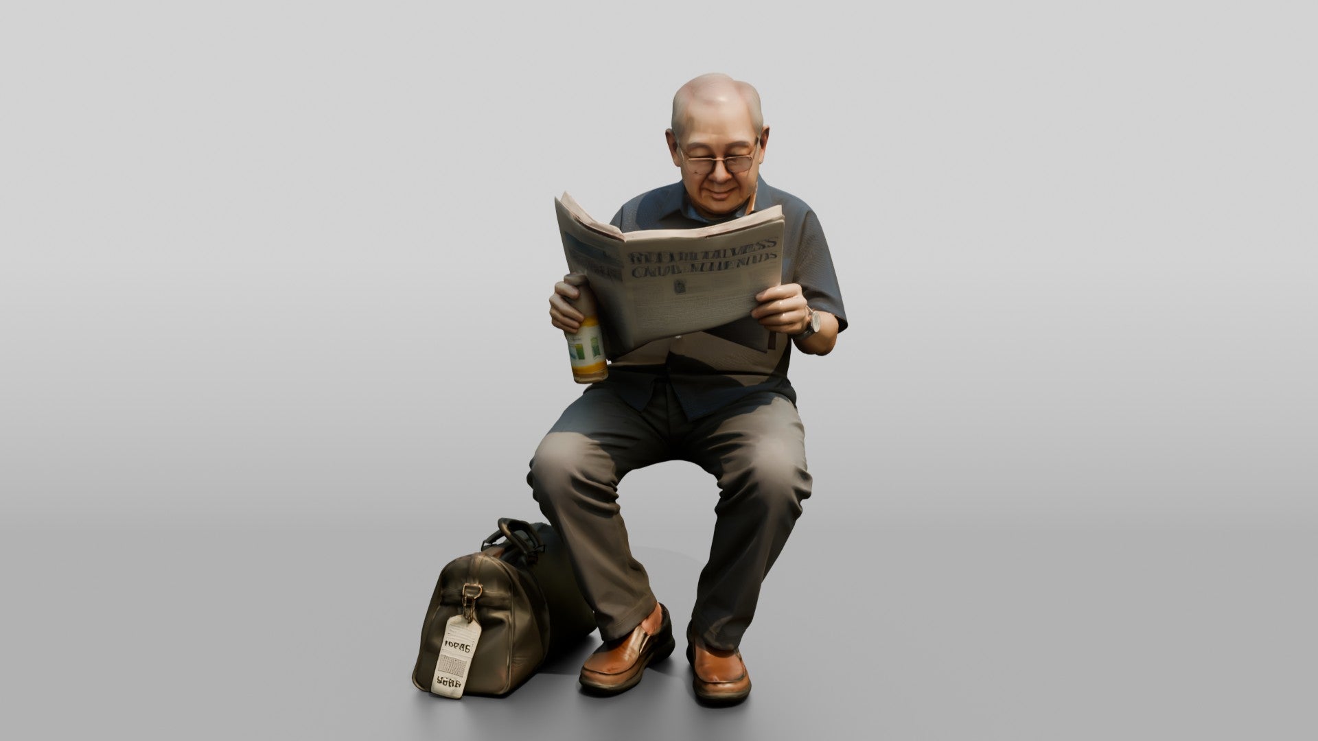 Elderly Asian Man Seated Reading Newspaper with Travel Bag