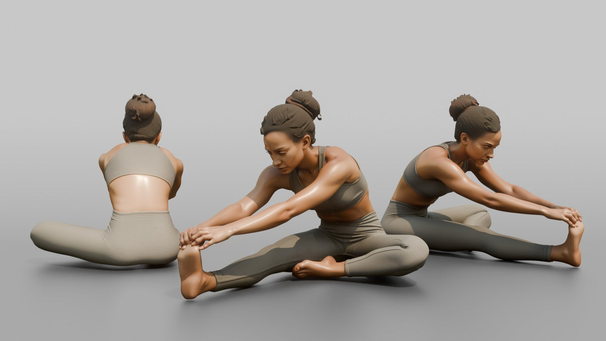 Fitness Influencer Woman Stretching One Leg Forward, Hands Reaching Toward The Foot - 3D character model, view 1