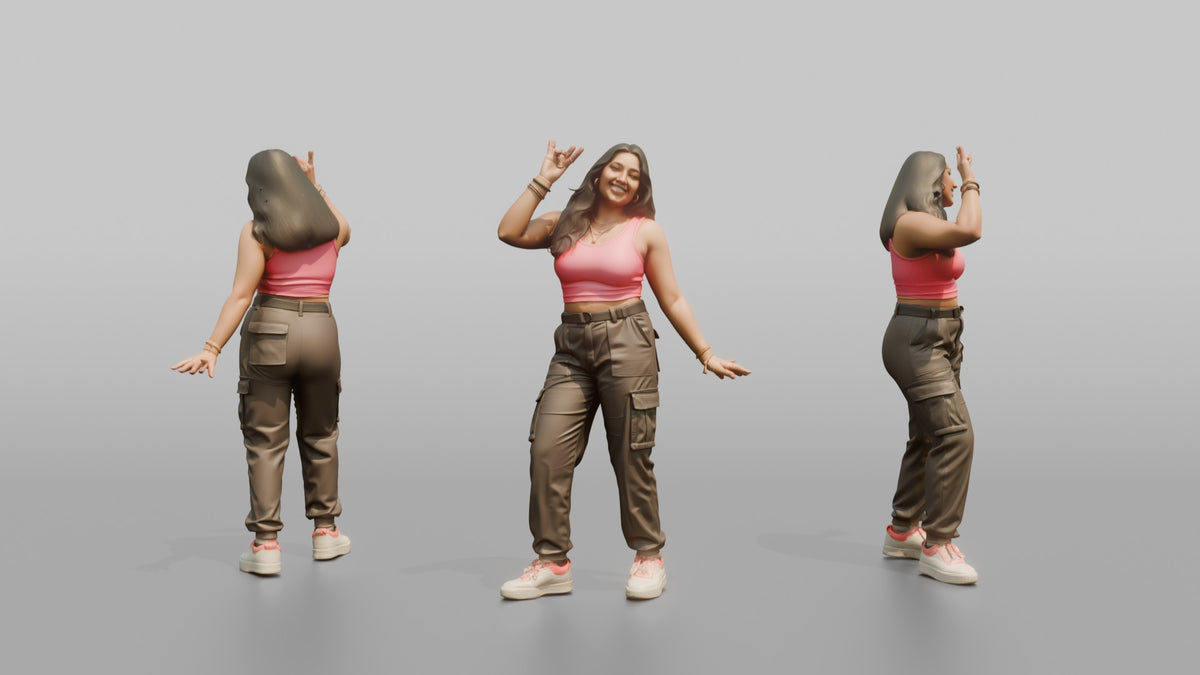 Patron Woman Striking A Playful Pose In A Neon Crop Top And Cargo Pants - 3D character model, view 1